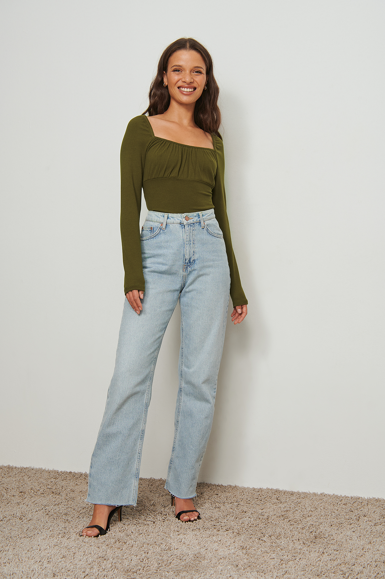 Ruched Detail Long Sleeve Top Green ...